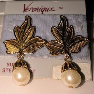 New Old Stock Veronique Gold-Tone Surgical Steel Post Leaf Faux Pearl Earrings